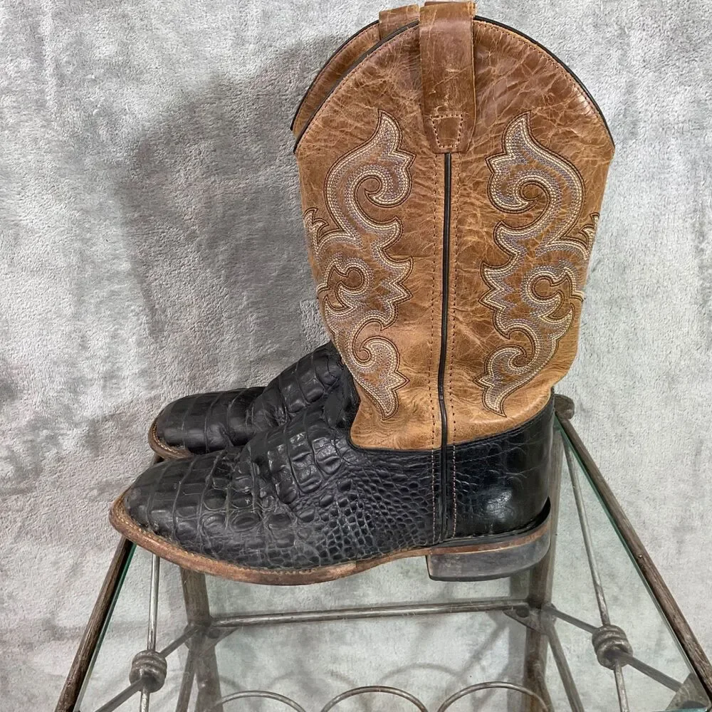 Old West Leather Cowboy Boots Mens 7D Broad Square Toe Horned Back Gator Print